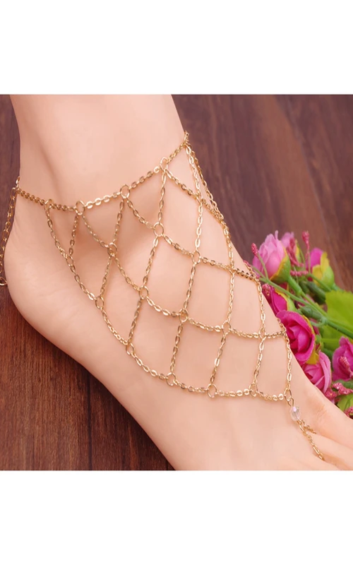 Sommerlicher, extravaganter, mit Diamanten verzierter Fußkettchen aus Netzgewebe, 50 cm lang