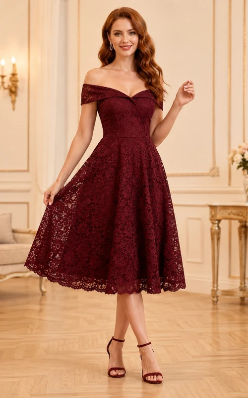 Robe trapèze bordeaux en dentelle, épaules dénudées, manches courtes, longueur thé