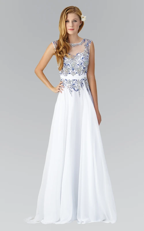 Ärmelloses Chiffonkleid in A-Linie mit Rundhalsausschnitt, Perlenstickerei und Stickereien