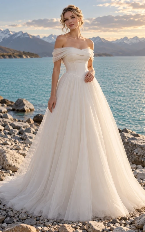 Schlichtes schulterfreies, einfarbiges Brautkleid aus Tüll in A-Linie mit Schleppe
