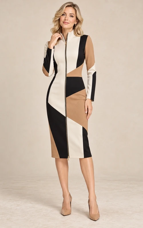 Ivory Black Tan High Neck Long Sleeve Zip Dress