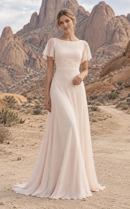 Vestido de novia sencillo de gasa rosa rubor con cuello joya y mangas cortas, corte recto.
