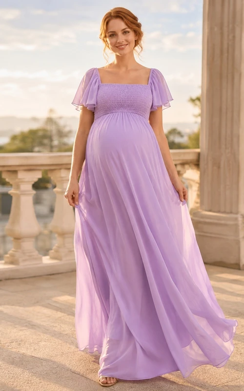 Lavender Chiffon Square Neck Short Sleeve A-line Maternity Gown