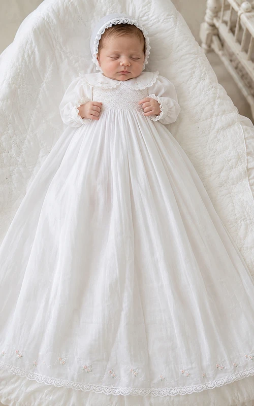 Cotton Batiste Newborn Christening A-Line Long Sleeve Floor-Length Gown Simple Vintage