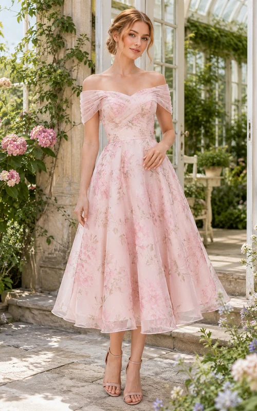 Blush Garden Wedding Guest Dress A-Line Chiffon Lace Off Shoulder Sleeveless Tea-Length Floral
