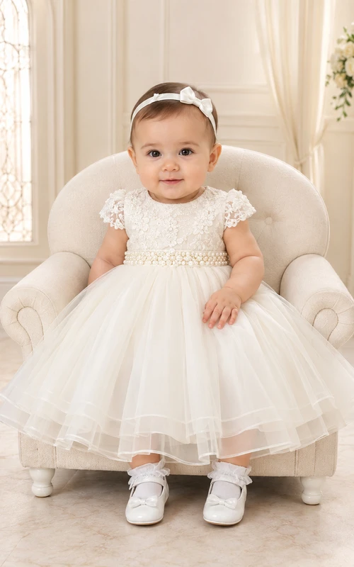 Pearl Waist Baby Christening A-Line Lace Bodice Knee-Length Dress Elegant Romantic Adorable Tulle Jewel Short Sleeve