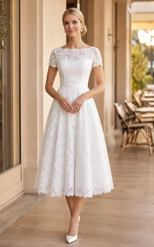 Vestido de cóctel de boda modesto estilo vintage con escote barco, mangas cortas, encaje floral, corte en A, plisado y largo hasta la rodilla.