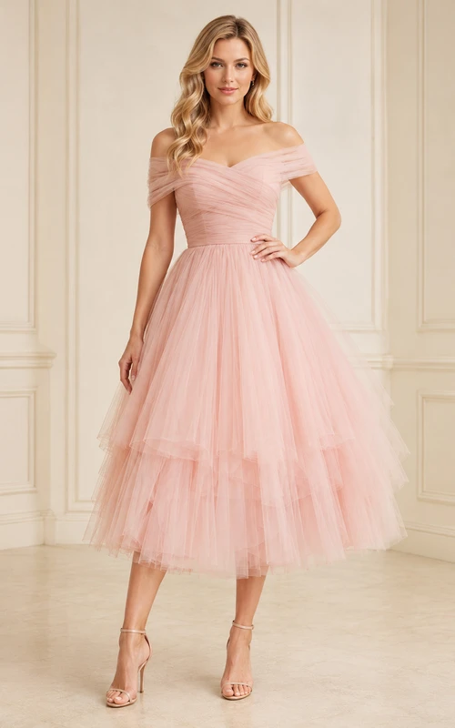Blush Off-Shoulder Tiered Tulle A-Line Tea Cocktail Dress Reception Romantic