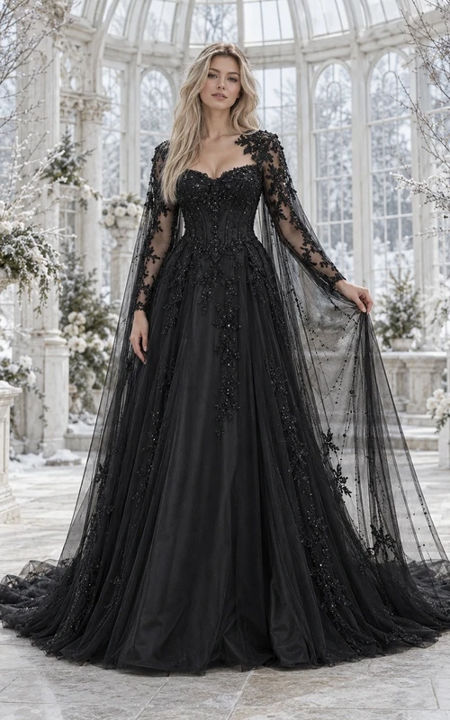 Vestido de novia gótico de corte A con capa, escote corazón y manga larga, color negro.