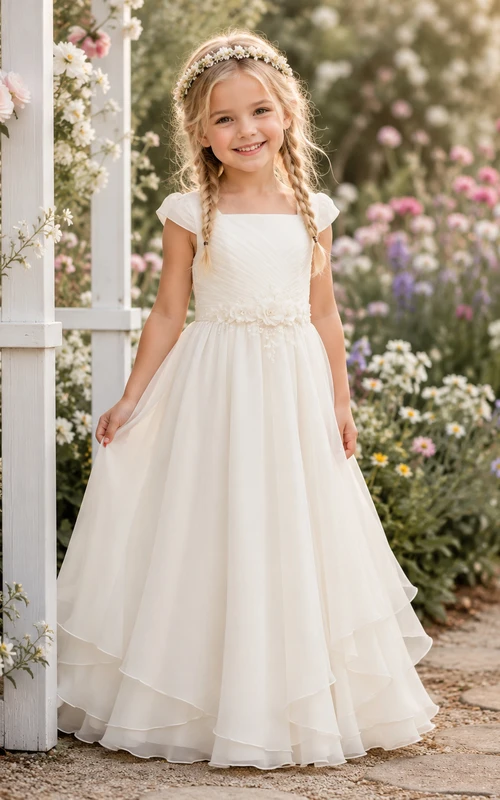 Blumenmädchenkleid aus mehrlagigem Tüll mit Perlengürtel