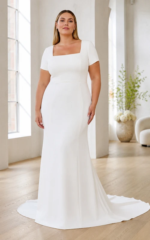 Modern Plus Size Floor-Length Square Neck Satin Sheath Simple Wedding Dress