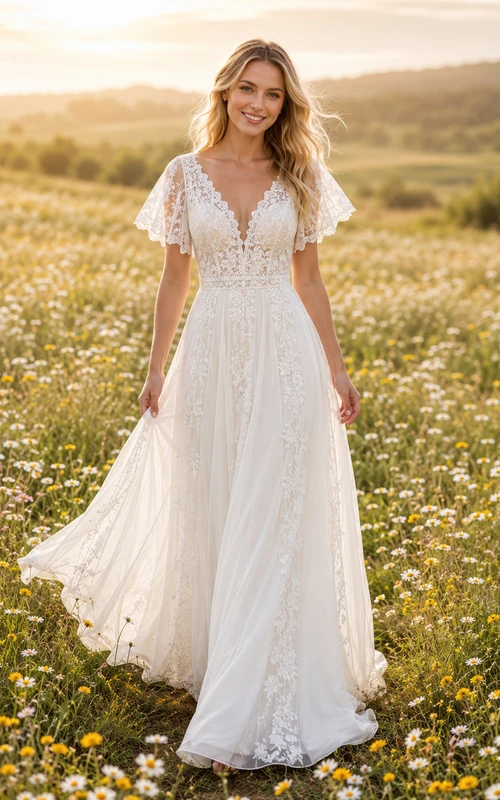 Robe de mariée trapèze en dentelle à manches papillon style bohème pour petites filles