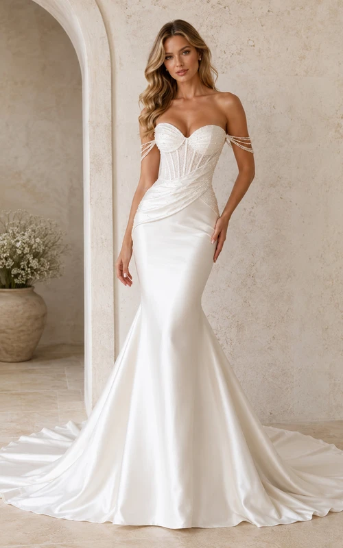 Robe de mariée sirène moderne en satin drapé, épaules dénudées et manches courtes, avec traîne chapelle