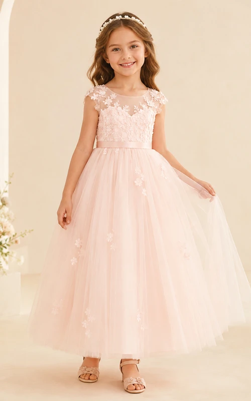 Blush Lace Bodice Tulle A-Line Flower Girl Dress with Jewel Neck and Tea-Length Skirt