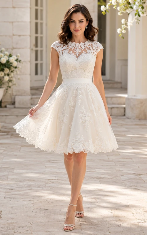 Robe de mariée élégante à col montant, manches courtes et dentelle illusion, longueur genou