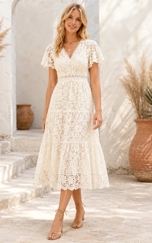 Cream Lace V-neck Cap Sleeve A-Line Tea-length Bohemian Romantic Garden Tiered Wedding Guest Dress