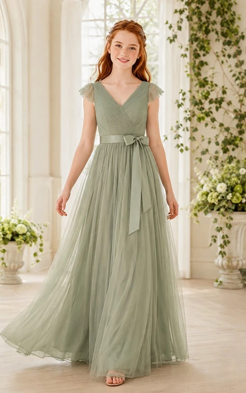 Vestido de dama de honor juvenil color celadón, corte en A, escote en V, manga corta, detalle de fajín de pétalos, estilo romántico.