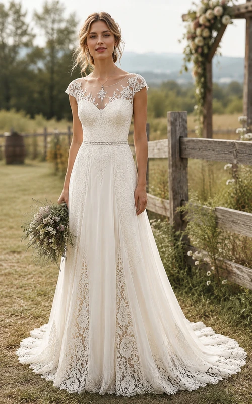 Robe de mariée champêtre en dentelle, coupe trapèze, manches illusion, traîne boutonnée au dos