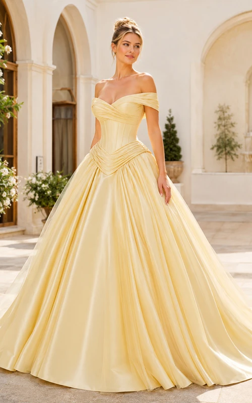 Vestido de gala de satén amarillo pastel con hombros descubiertos y cintura vasca estilo catedral