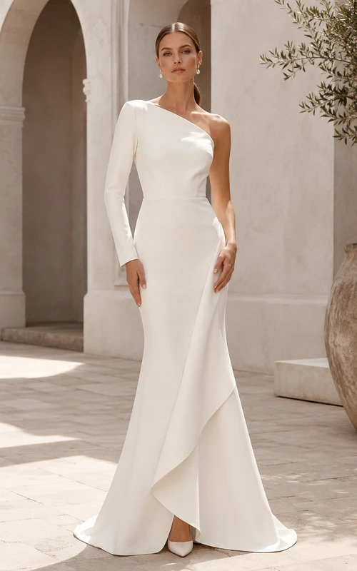 Vestido de novia de corte recto con un solo hombro y manga larga, con drapeado asimétrico.