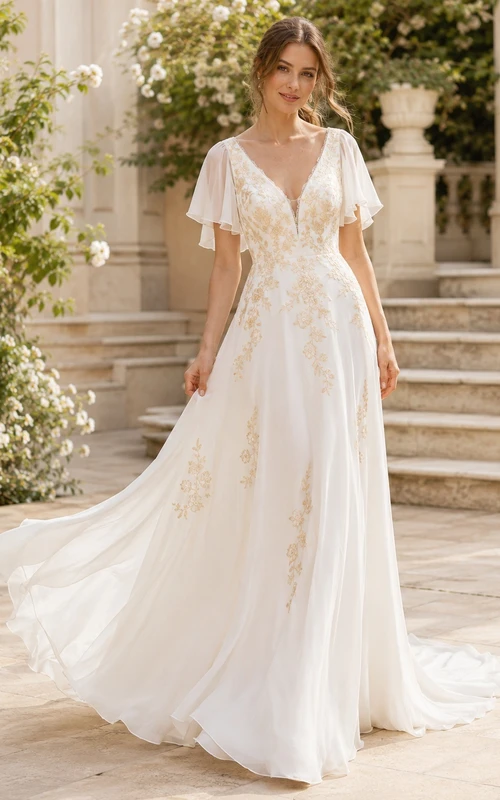 Robe de mariée romantique et élégante, coupe trapèze, col en V, manches courtes, traîne courte, ornée de pétales dorés