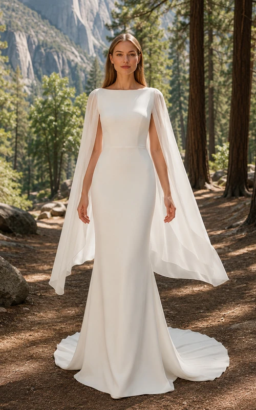 Robe de mariée en satin fourreau à col bateau, manches cape drapées et traîne chapelle, style forêt