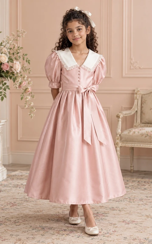 Vestido de niña de flores rosa vintage con corte en A, mangas abullonadas, cuello marinero y lazo lateral, de satén, largo hasta los tobillos.