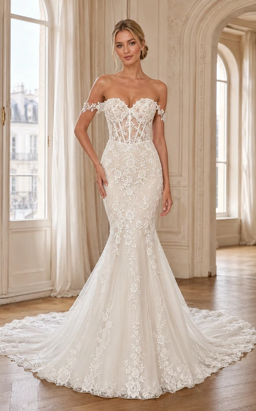 Robe de mariée sirène romantique en dentelle florale à épaules dénudées et traîne chapelle