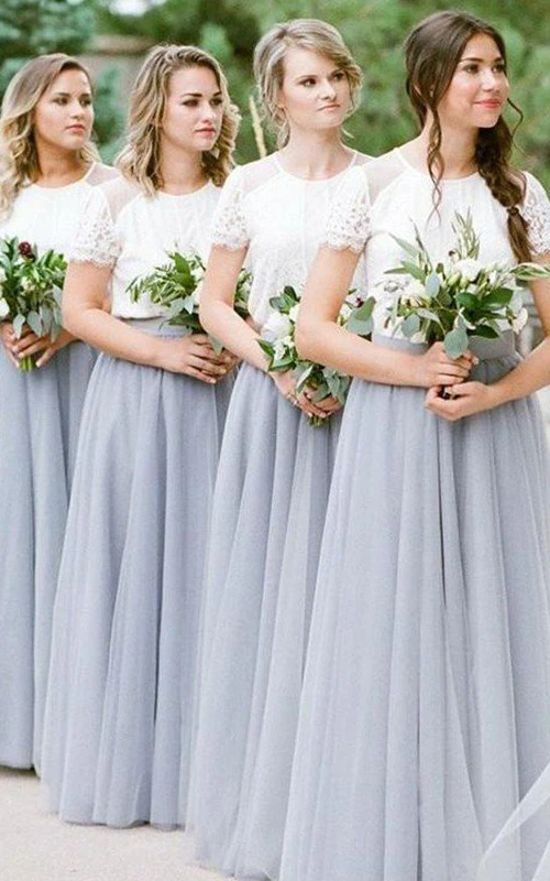 Vestido de dama de honor modesto, largo hasta el suelo, de corte A, manga corta, con encaje y tul, con pliegues.