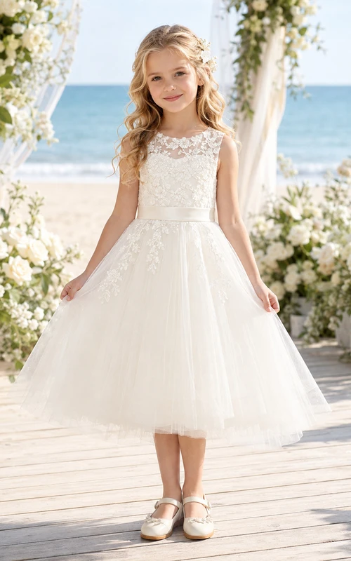 Elegante y modesto vestido de niña de las flores, cuello alto, mangas cortas, encaje, tul, largo hasta la rodilla, lazo en la espalda.