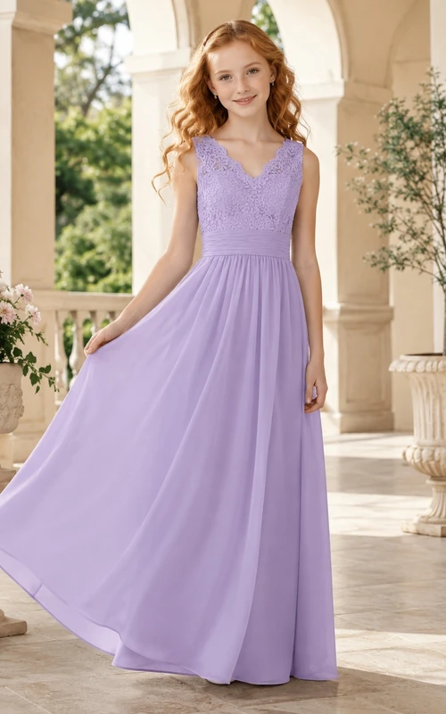 Lavendelfarbenes Brautjungfernkleid, A-Linie, ärmellos, mit Muschelsaum, Spitze und Chiffon, elegant