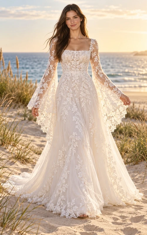 Boho Square Neck Bell Sleeve Floral Tulle Wedding Dress