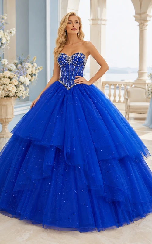 Vestido de gala formal de princesa de lujo azul real sin tirantes con escote corazón y volantes brillantes para quinceañera
