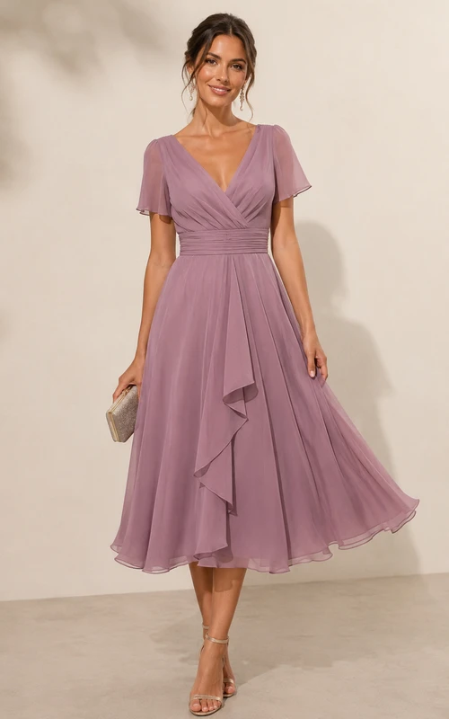 Robe mi-longue à volants en mousseline mauve à col en V