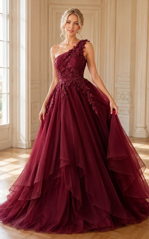 Burgundy One-Shoulder Ruffled Tulle Tiered Ball Gown Prom Dress