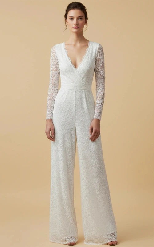 Mono de boda de encaje con cuello en V, manga larga y pernera ancha.