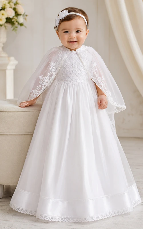 Modest Baby Baptism Christening Ceremony Gown A-Line Floor-Length Jewel Neck Long Sleeve Satin Detachable Cape Button Back