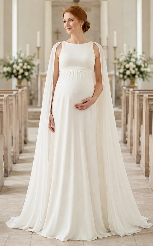 Vestido de novia de maternidad modesto con escote barco, mangas tipo capa y corte imperio hasta el suelo.