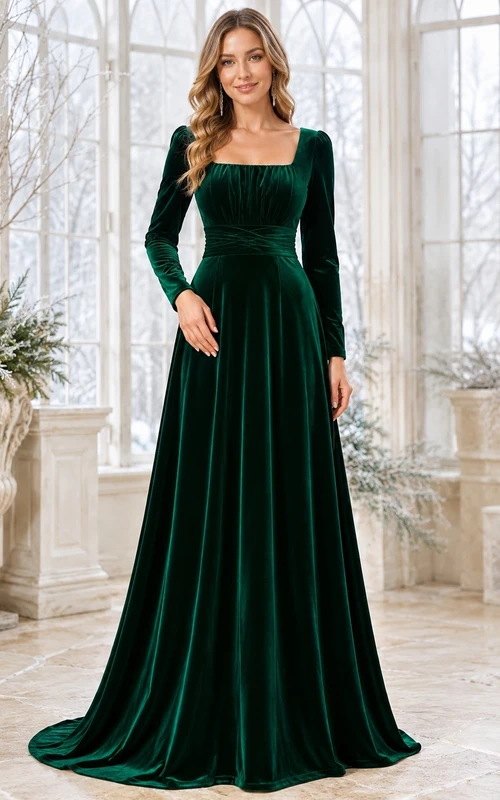 Dunkelgrünes Samtkleid in A-Linie mit eckigem Ausschnitt, langen Ärmeln und bodenlangem Schnitt – perfekt für festliche Winterabende.
