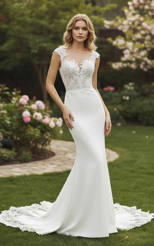 Novia sofisticada con vestido de satén ajustado y falda acampanada