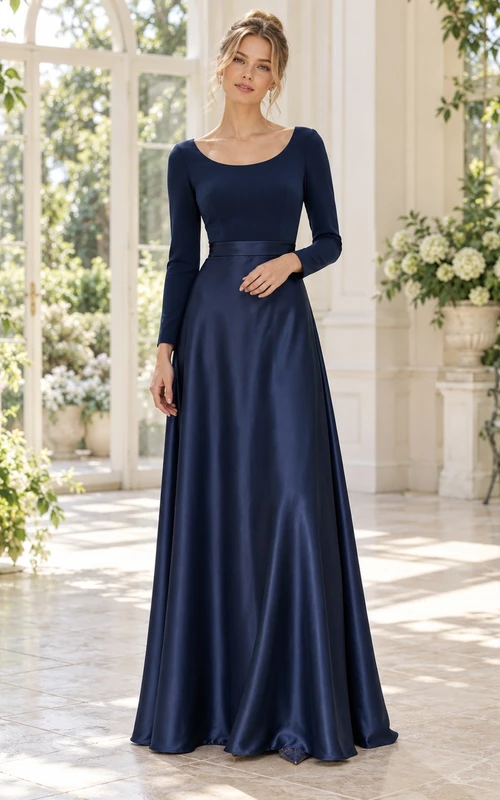 Vestido de noche formal largo hasta el suelo, de satén azul medianoche, con escote redondo, manga larga y espalda tipo drapeado, corte en A.