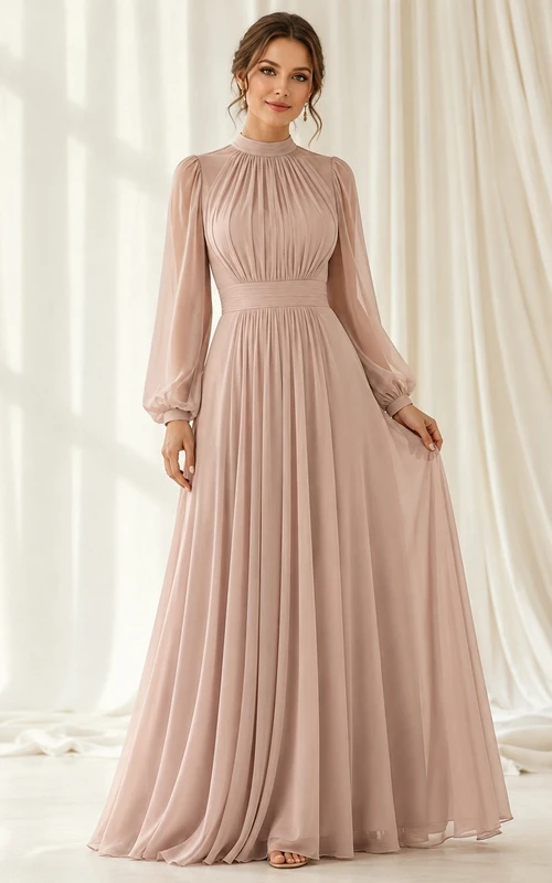 Abendkleid in Altrosa, A-Linie, Chiffon, hoher Kragen, Falten, lange Ärmel, schlichtes formelles Kleid
