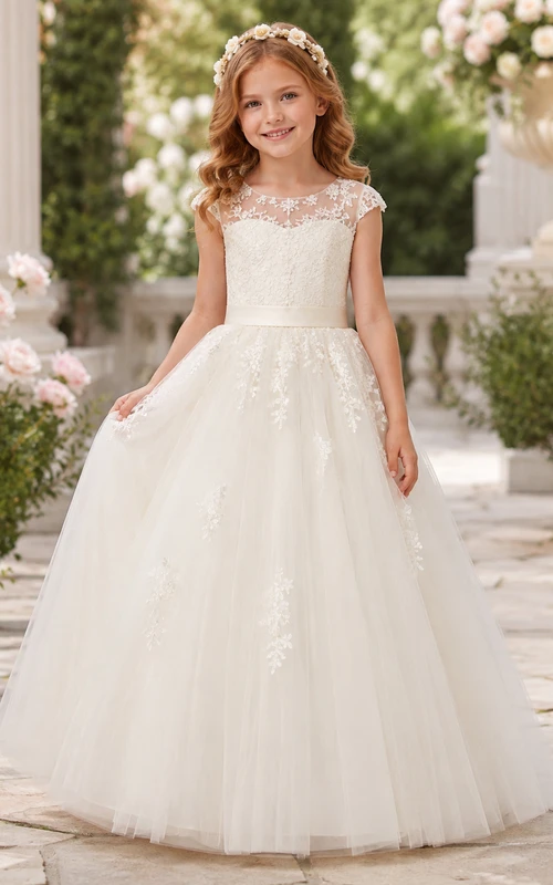 Elegantes Blumenmädchenkleid in A-Linie aus Tüllspitze mit Schmuckkragen, kurzen Ärmeln und bodenlangen Applikationen