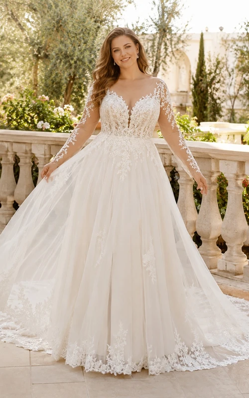 Romantisches Brautkleid in Übergröße mit langen Illusionsärmeln, V-Ausschnitt, Tüll und A-Linien-Schnitt