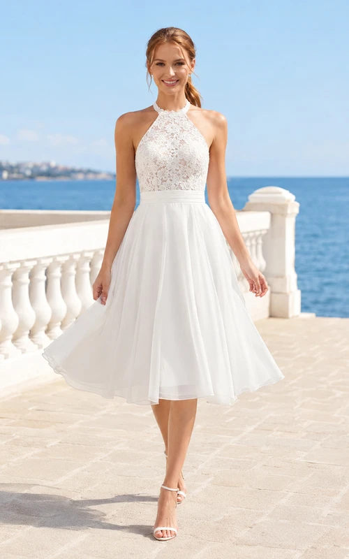 Bohemian Tea-Length High Neck Halter Lace Beach Romantic Wedding Dress