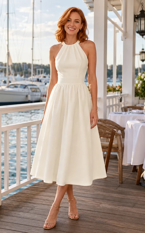 Vestido midi de compromiso con escote halter y pliegues, corte A, estilo playero.