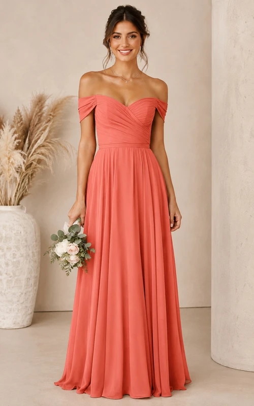 Korallenfarbenes schulterfreies A-Linien-Chiffon-Brautjungfernkleid
