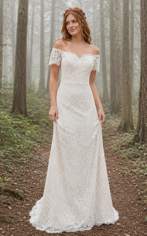 Vestido de novia de corte recto con encaje color bosque y hombros descubiertos, ideal para una boda íntima.