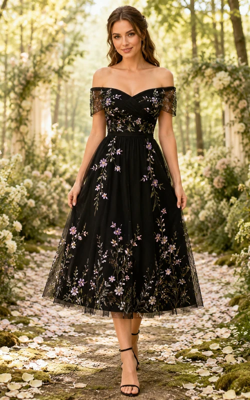 Vestido midi negro de tul bordado floral con hombros descubiertos para invitadas