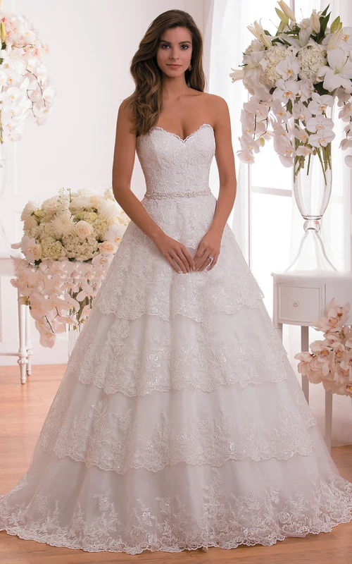 Sweetheart A-Line Tiered Wedding Dress With Lace Detail And Crystals